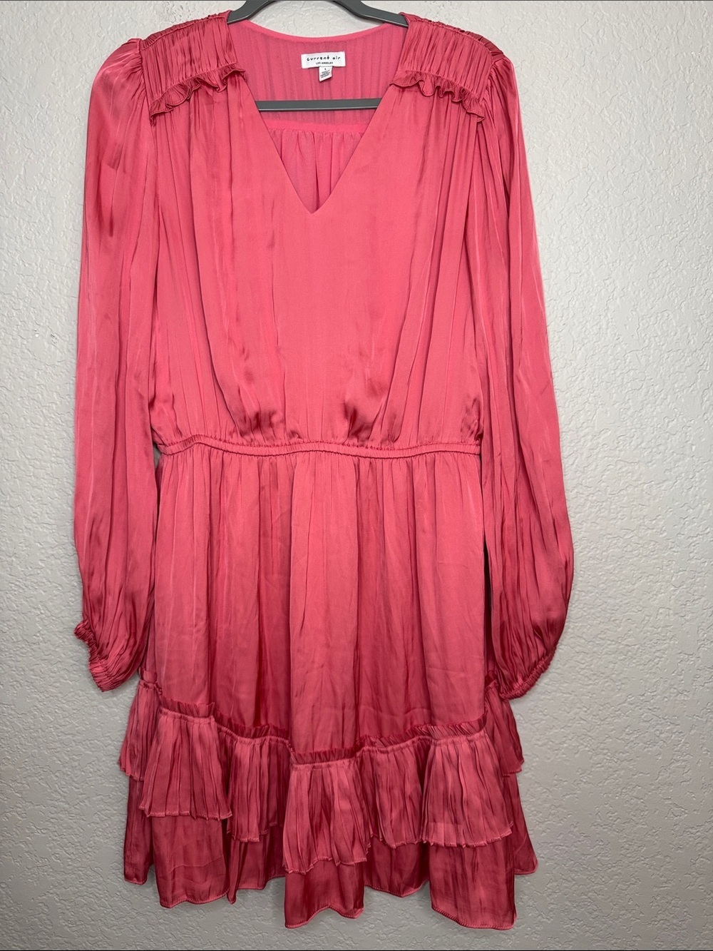 Current Air Pink Satin Ruffle Mini Dress Size Large Carly Pleated Long Sleeve - Picture 2 of 5
